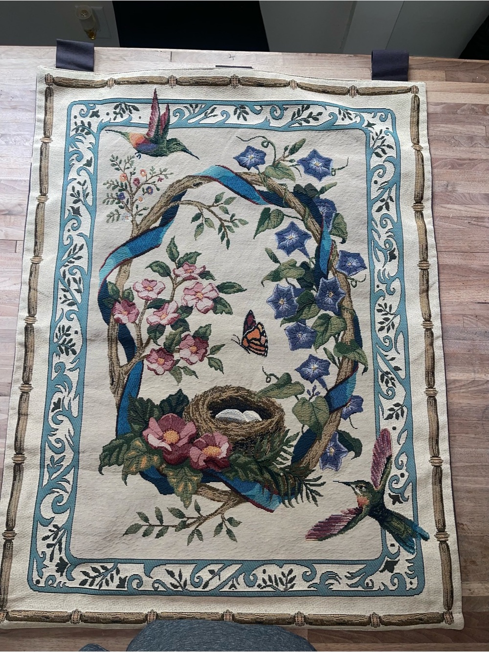 Hummingbird & Floral Wreath Tapestry Wall Hanging in Blue and Cream